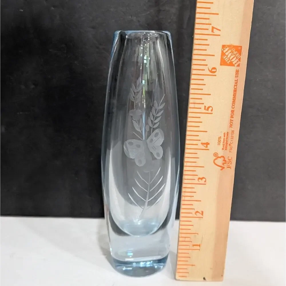 Vintage Kosta Boda Swedish Crystal Bud Vase by Vicke Lindstrand Etched Butterfly